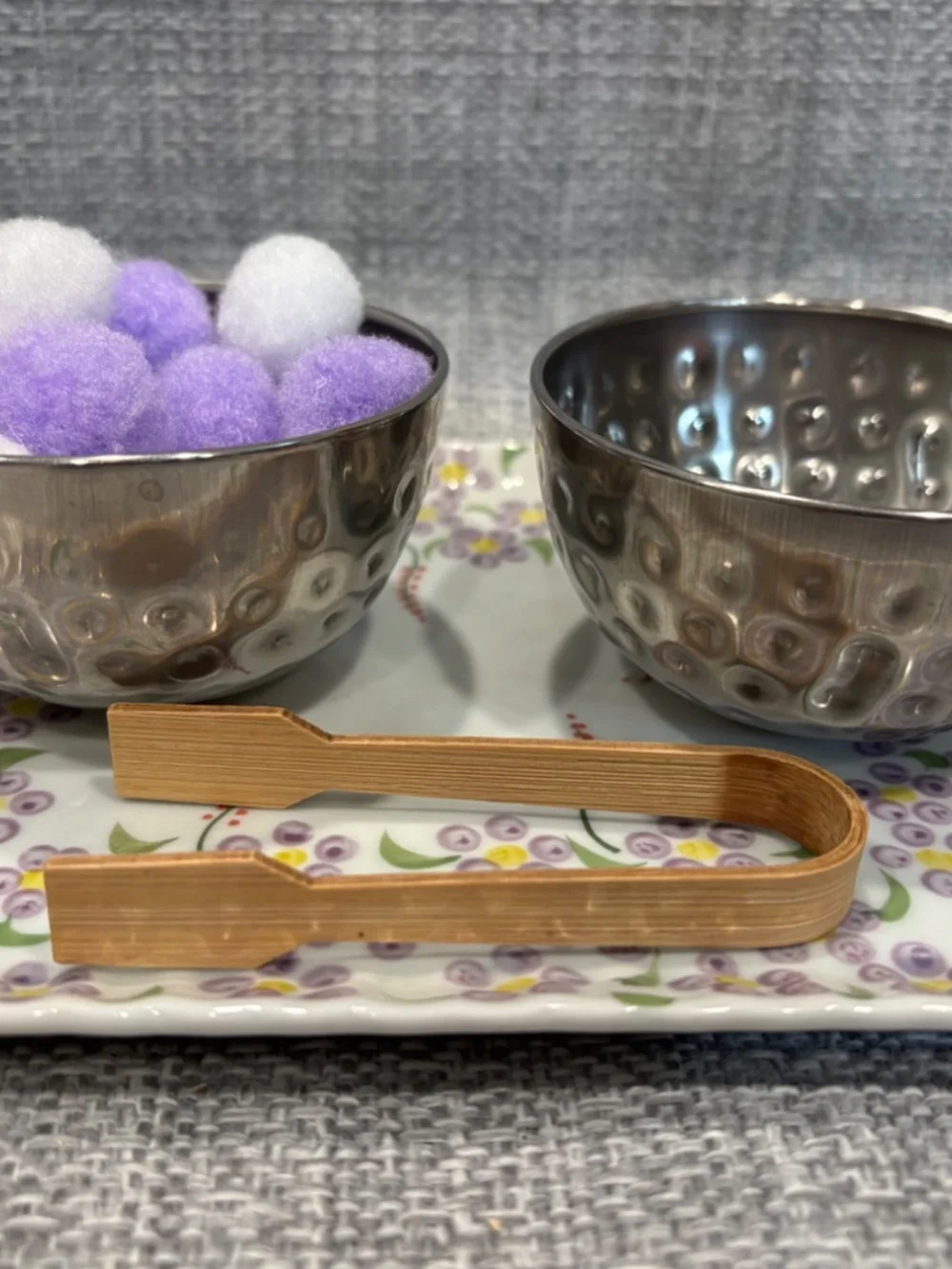 purple & white craft pom tonging 1:1 practical life lesson by idlewild montessor